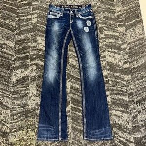 Rock Revival Alanis Bootcut Distressed Embellished Denim Jeans 28 x 34